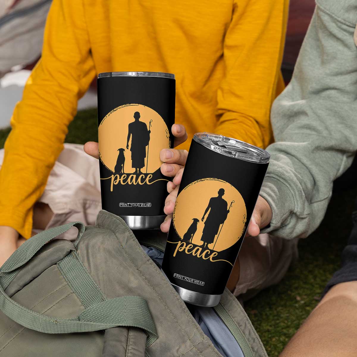 Monk and Dog Silhouette Peace Tumbler Cup Spiritual Walk for Peace Sunset TS02 Print Your Wear