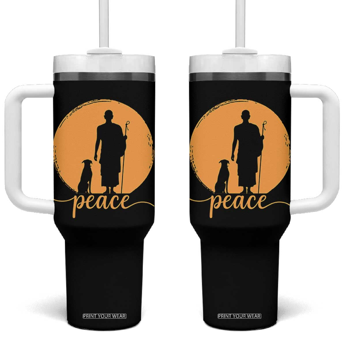 Monk and Dog Silhouette Peace Tumbler With Handle Spiritual Walk for Peace Sunset TS02 One Size: 40 oz Black Print Your Wear