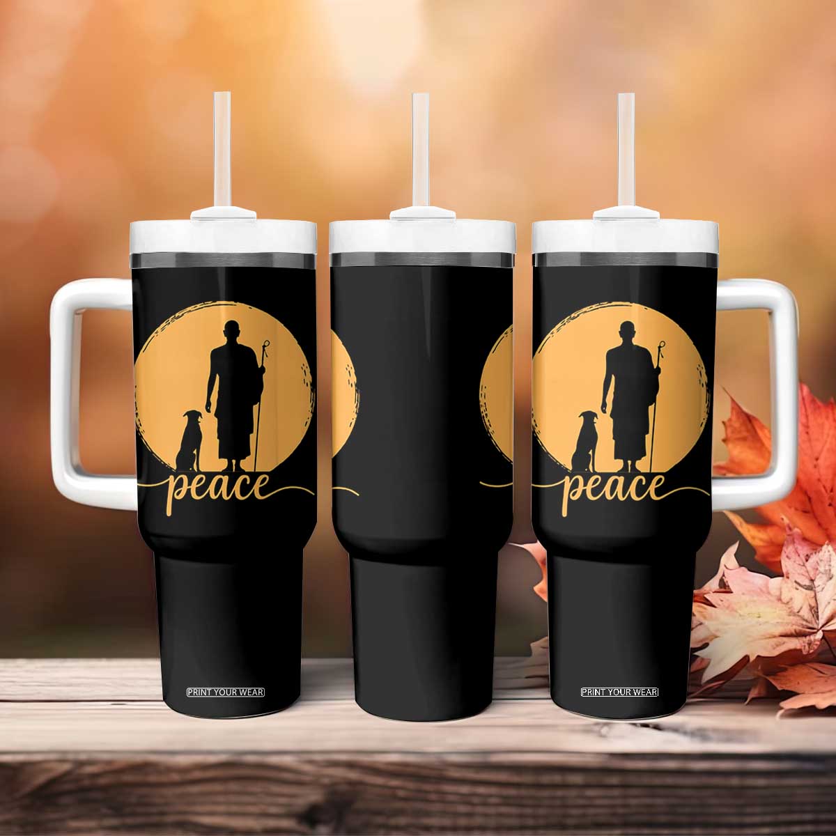 Monk and Dog Silhouette Peace Tumbler With Handle Spiritual Walk for Peace Sunset TS02 Print Your Wear