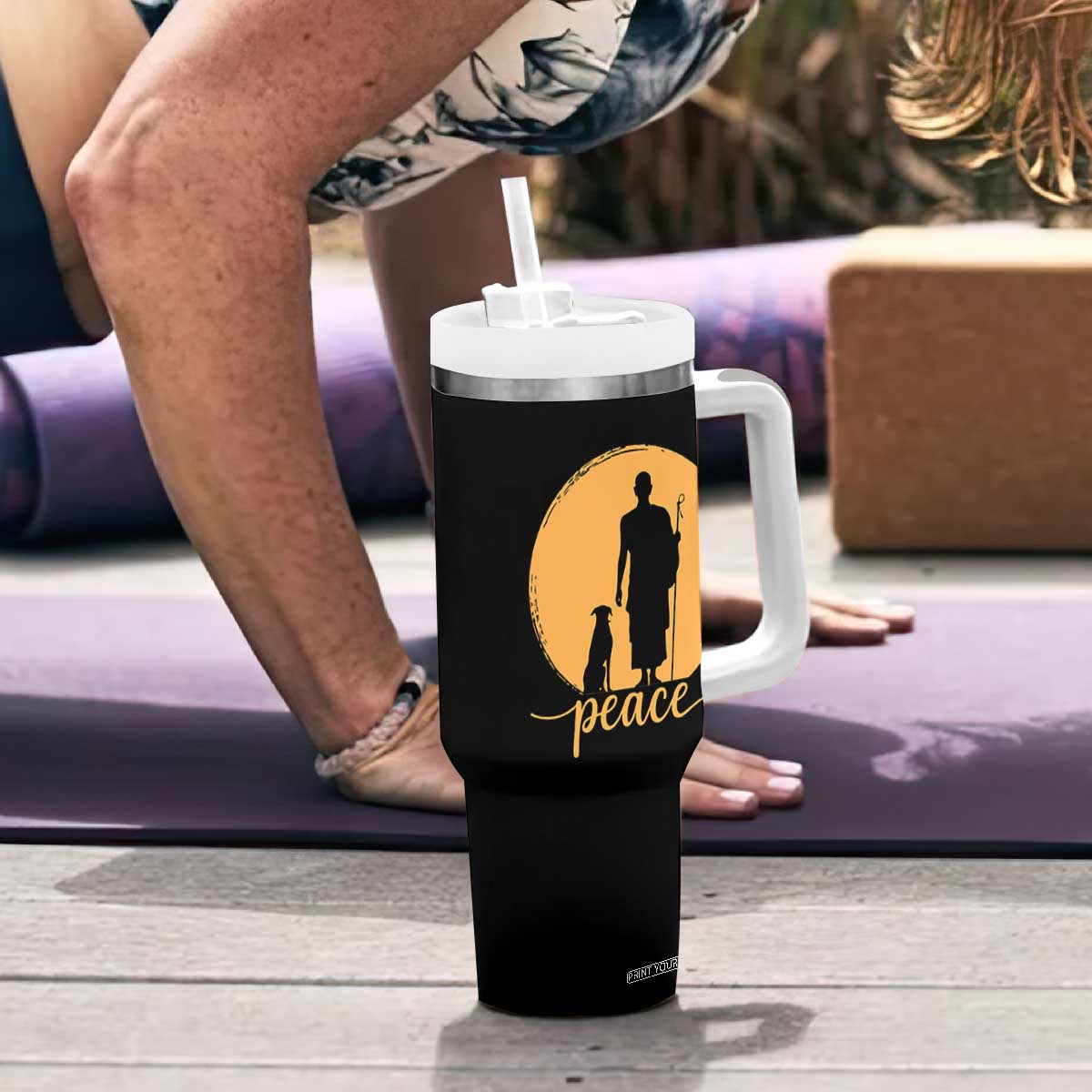 Monk and Dog Silhouette Peace Tumbler With Handle Spiritual Walk for Peace Sunset TS02 Print Your Wear