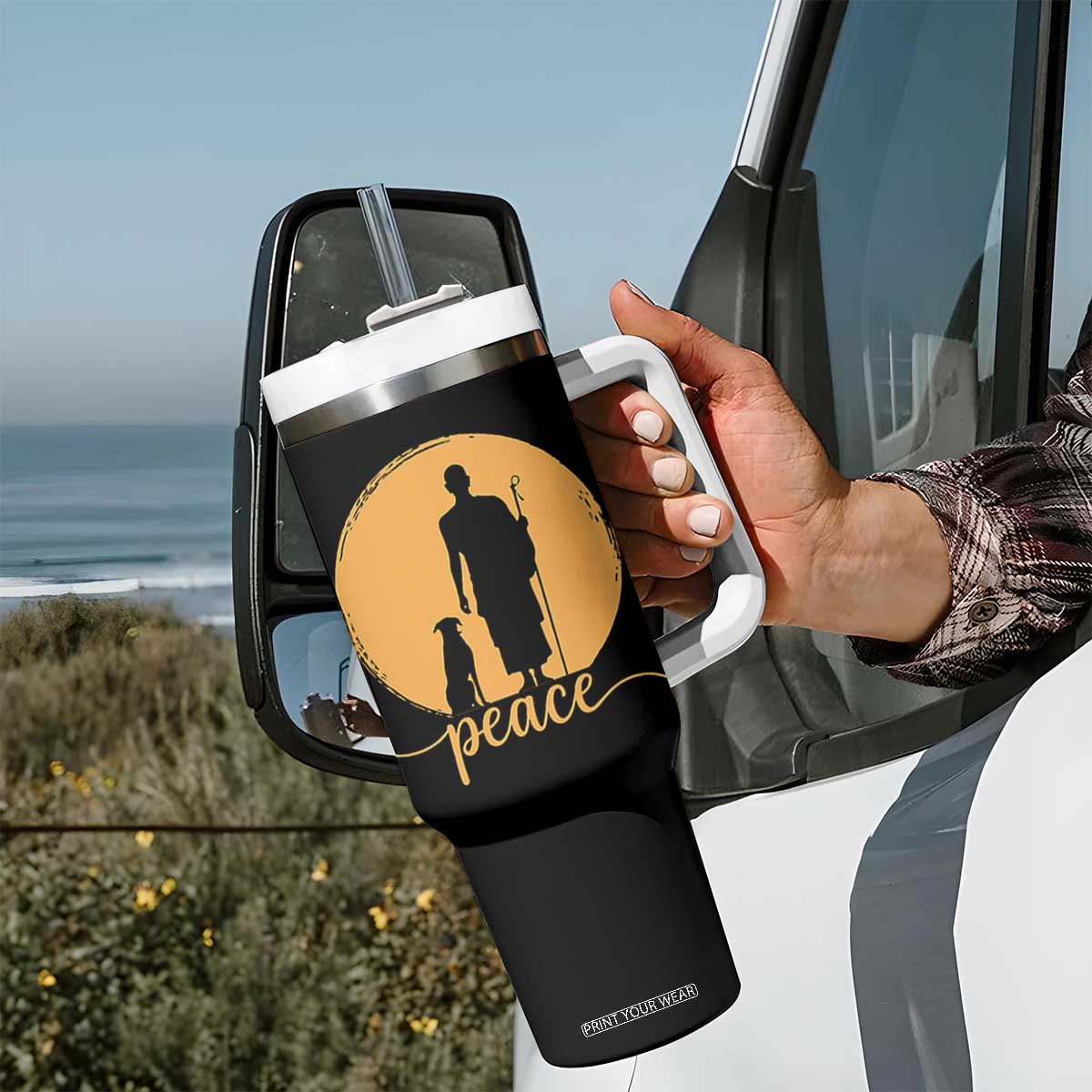 Monk and Dog Silhouette Peace Tumbler With Handle Spiritual Walk for Peace Sunset TS02 Print Your Wear