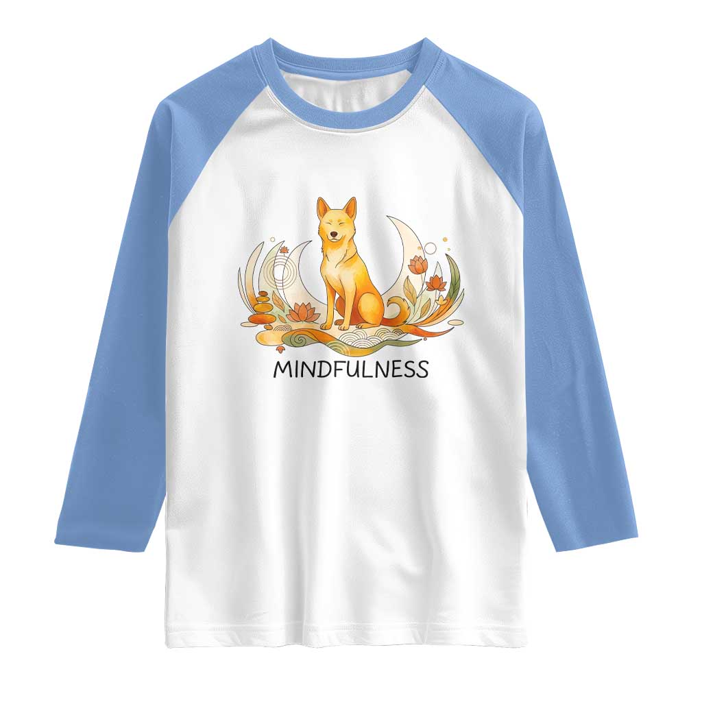 Mindful Aloka the Dog Mindfulness Raglan Shirt Zen Lotus Spiritual Calm TS02 White Carolina Blue Print Your Wear