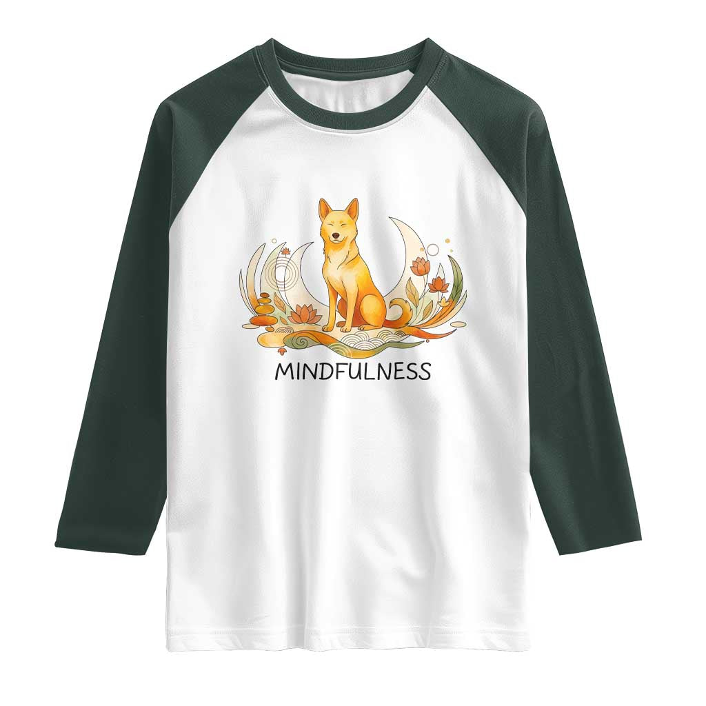 Mindful Aloka the Dog Mindfulness Raglan Shirt Zen Lotus Spiritual Calm TS02 White Dark Forest Green Print Your Wear