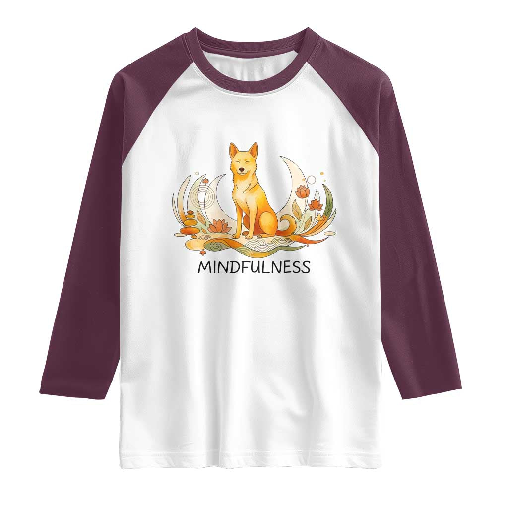 Mindful Aloka the Dog Mindfulness Raglan Shirt Zen Lotus Spiritual Calm TS02 White Maroon Print Your Wear