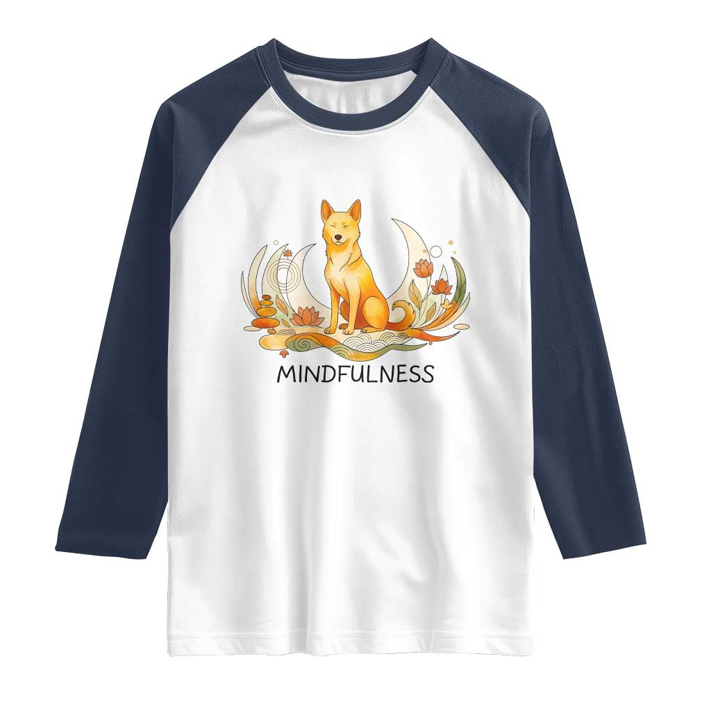 Mindful Aloka the Dog Mindfulness Raglan Shirt Zen Lotus Spiritual Calm TS02 White Navy Print Your Wear
