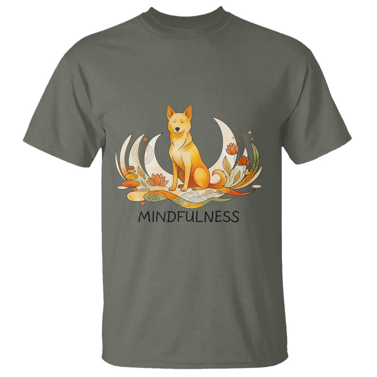 Mindful Aloka the Dog Mindfulness T Shirt Zen Lotus Spiritual Calm TS02 Military Green Print Your Wear