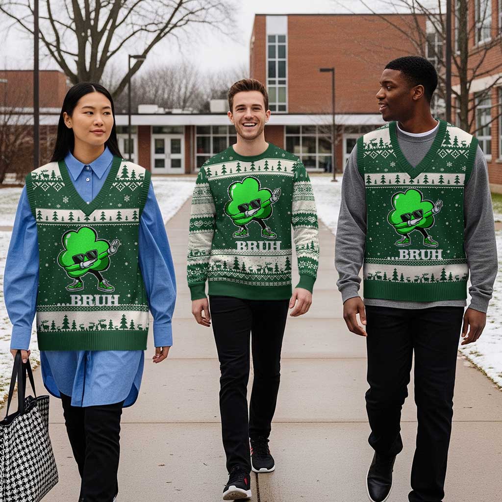 Funny Dabbing Shamrock V-Neck Knit Sweater Vest Bruh St. Patrick's Day TS02 Forest Green Beige Print Your Wear