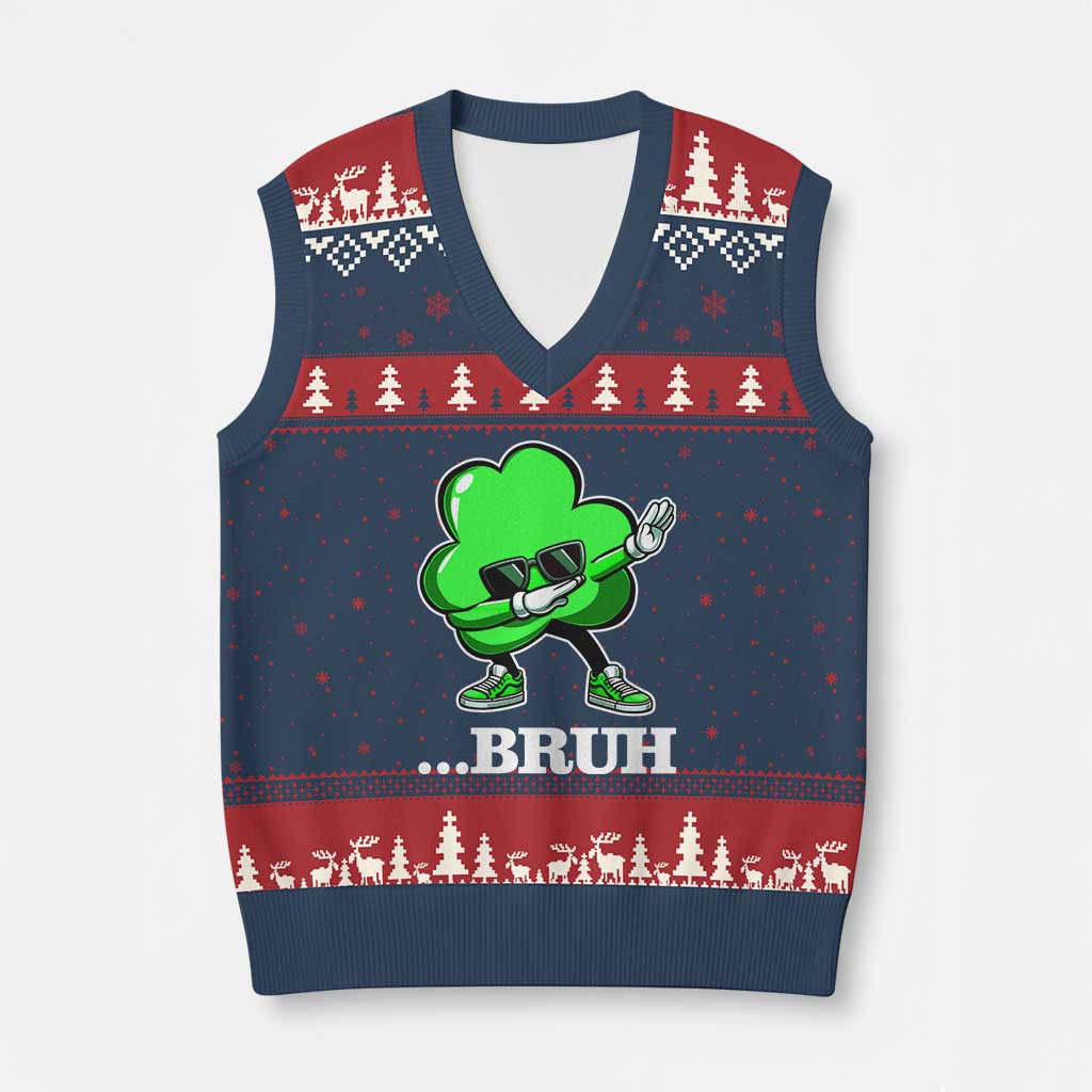 Funny Dabbing Shamrock V-Neck Knit Sweater Vest Bruh St. Patrick's Day TS02 Navy Red Print Your Wear
