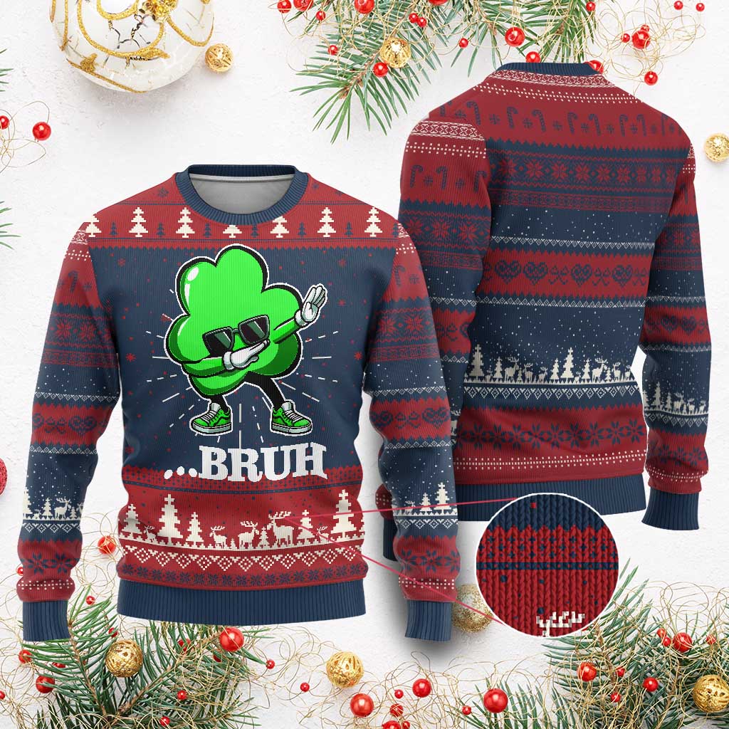 Funny Dabbing Shamrock Knit Sweatshirt Bruh St. Patrick's Day TS02 Burgundy Print Your Wear