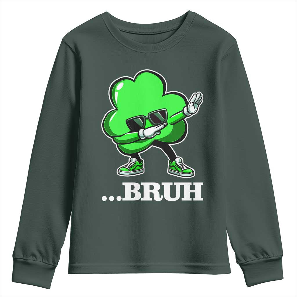 Funny Dabbing Shamrock Youth Sweatshirt Bruh St. Patrick's Day TS02 Dark Forest Green Print Your Wear