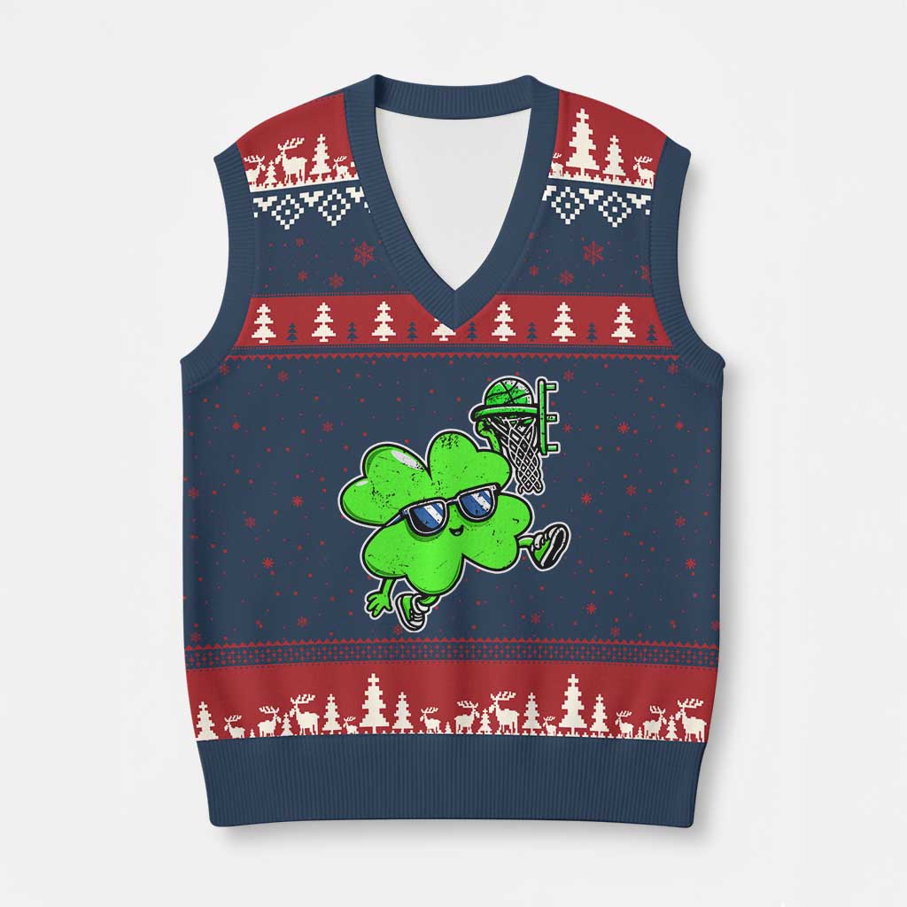 Funny Basketball Shamrock V-Neck Knit Sweater Vest Dunking Sports Player St. Patrick's Day TS02 Navy Red Print Your Wear