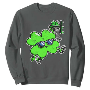 Funny Basketball Shamrock Sweatshirt Dunking Sports Player St. Patrick's Day TS02 Dark Heather Print Your Wear