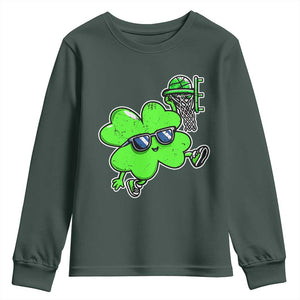 Funny Basketball Shamrock Youth Sweatshirt Dunking Sports Player St. Patrick's Day TS02 Dark Forest Green Print Your Wear