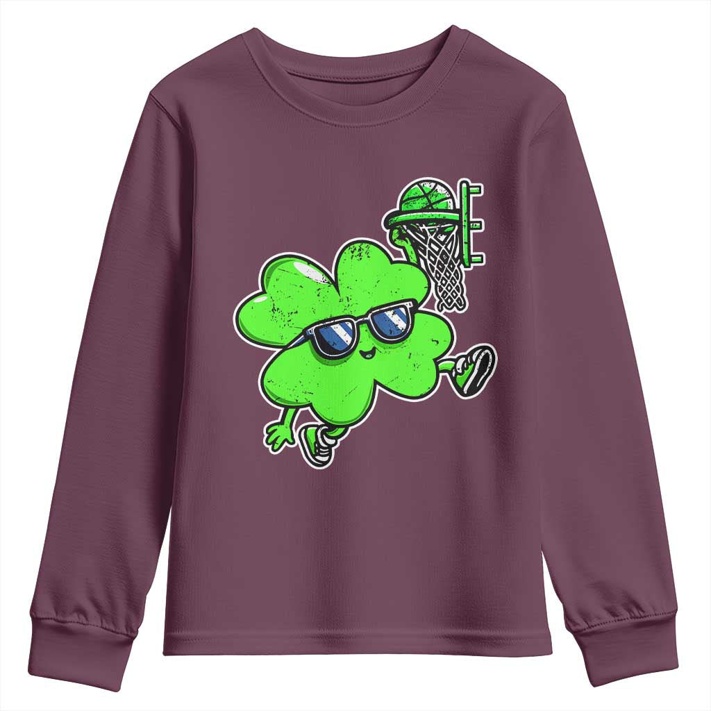Funny Basketball Shamrock Youth Sweatshirt Dunking Sports Player St. Patrick's Day TS02 Maroon Print Your Wear