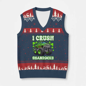 Funny St Patricks Day Monster Truck V-Neck Knit Sweater Vest I Crush Shamrocks Retro TS02 Navy Red Print Your Wear