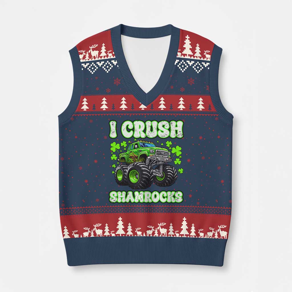 Funny St Patricks Day Monster Truck V-Neck Knit Sweater Vest I Crush Shamrocks Retro TS02 Navy Red Print Your Wear