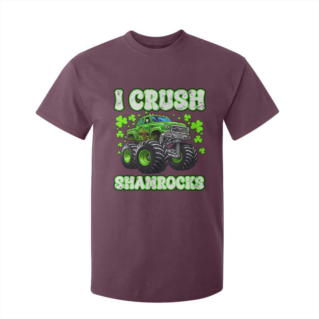 Funny St Patricks Day Monster Truck T Shirt For Kid I Crush Shamrocks Retro TS02 Maroon Print Your Wear