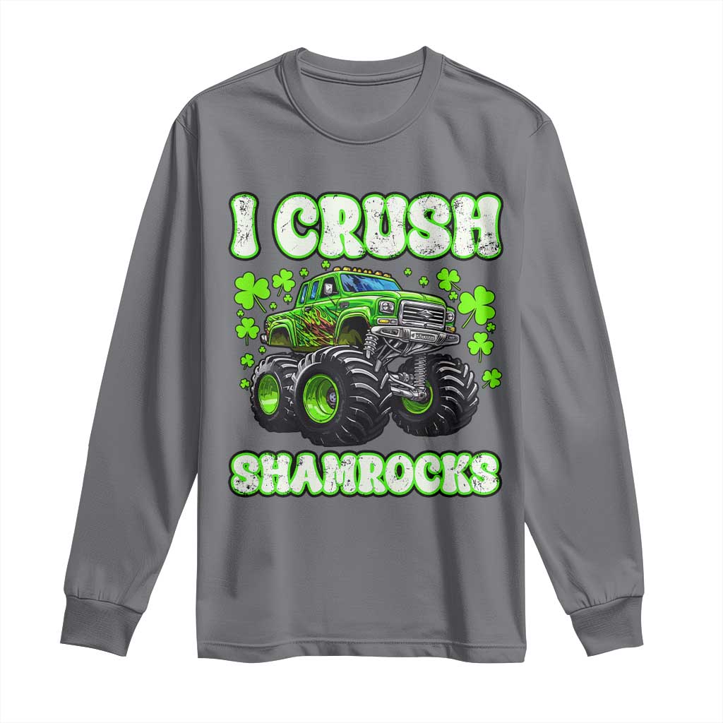 Funny St Patricks Day Monster Truck Long Sleeve Shirt I Crush Shamrocks Retro TS02 Charcoal Print Your Wear