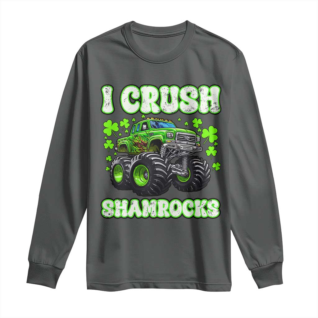 Funny St Patricks Day Monster Truck Long Sleeve Shirt I Crush Shamrocks Retro TS02 Dark Heather Print Your Wear