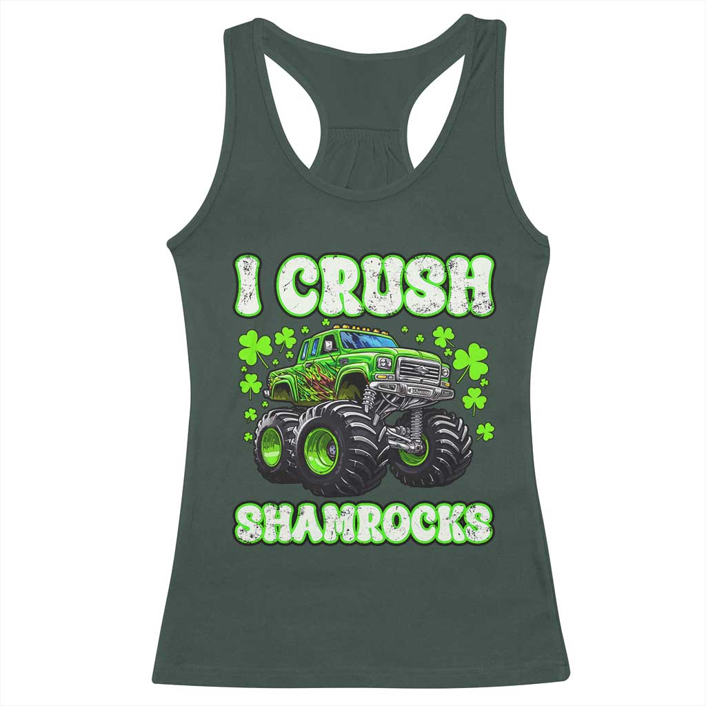 Funny St Patricks Day Monster Truck Racerback Tank Top I Crush Shamrocks Retro TS02 Dark Forest Green Print Your Wear