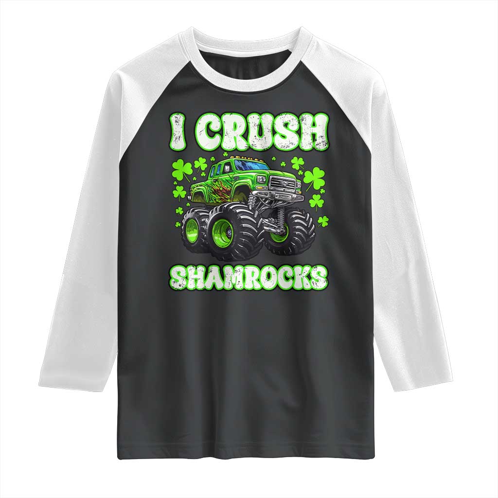 Funny St Patricks Day Monster Truck Raglan Shirt I Crush Shamrocks Retro TS02 Black White Print Your Wear