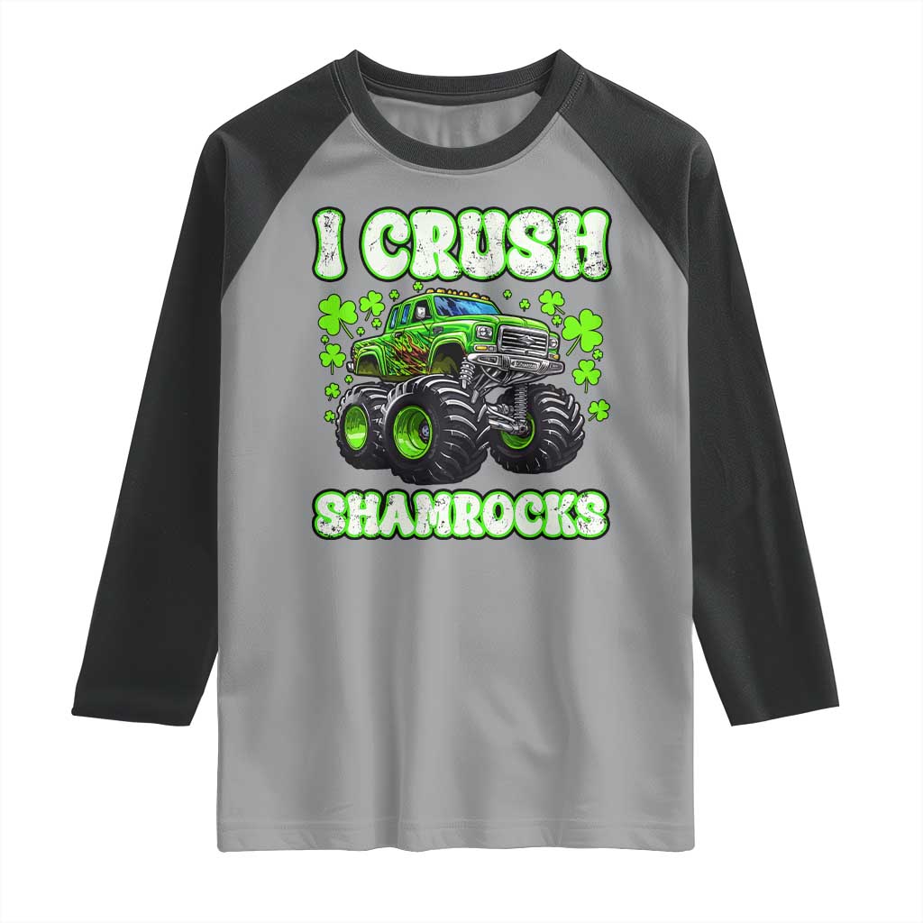 Funny St Patricks Day Monster Truck Raglan Shirt I Crush Shamrocks Retro TS02 Sport Gray Black Print Your Wear