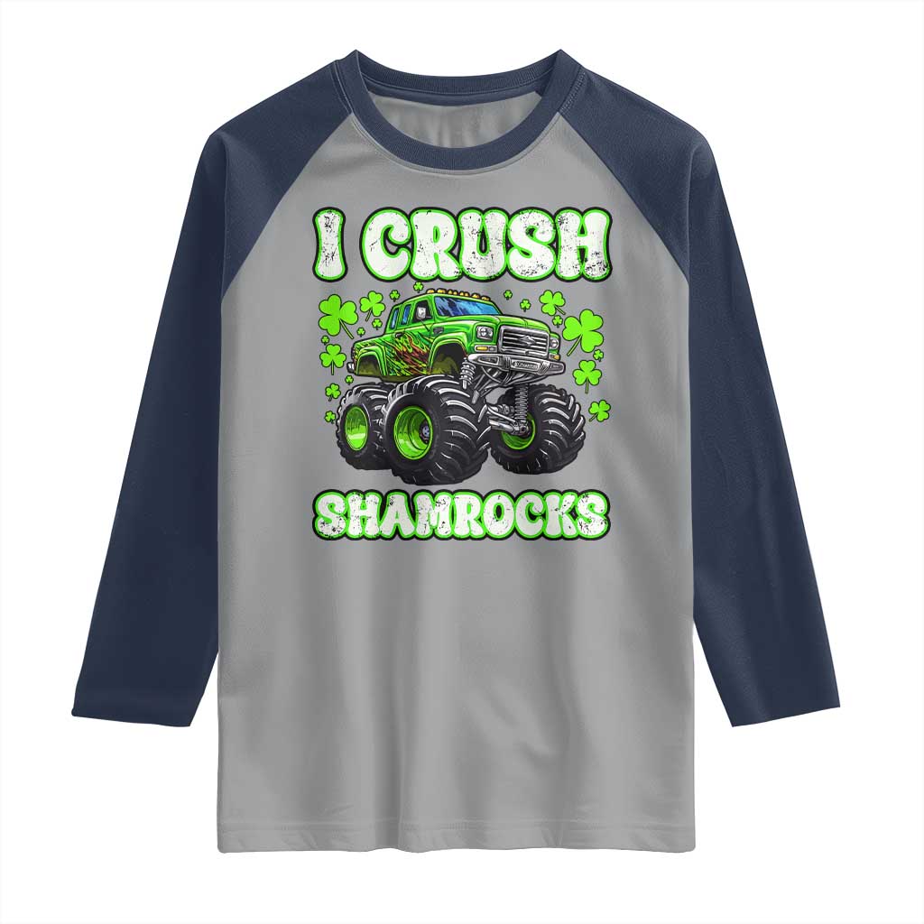 Funny St Patricks Day Monster Truck Raglan Shirt I Crush Shamrocks Retro TS02 Sport Gray Navy Print Your Wear