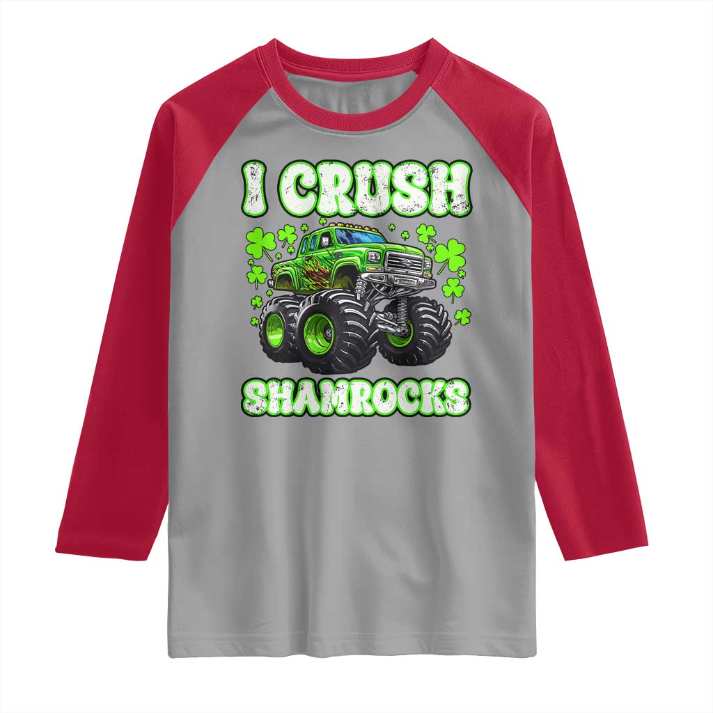 Funny St Patricks Day Monster Truck Raglan Shirt I Crush Shamrocks Retro TS02 Sport Gray Red Print Your Wear