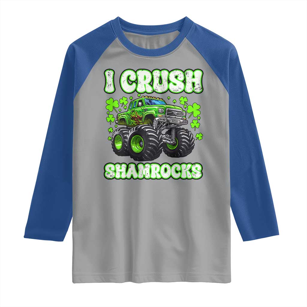 Funny St Patricks Day Monster Truck Raglan Shirt I Crush Shamrocks Retro TS02 Sport Gray Royal Print Your Wear