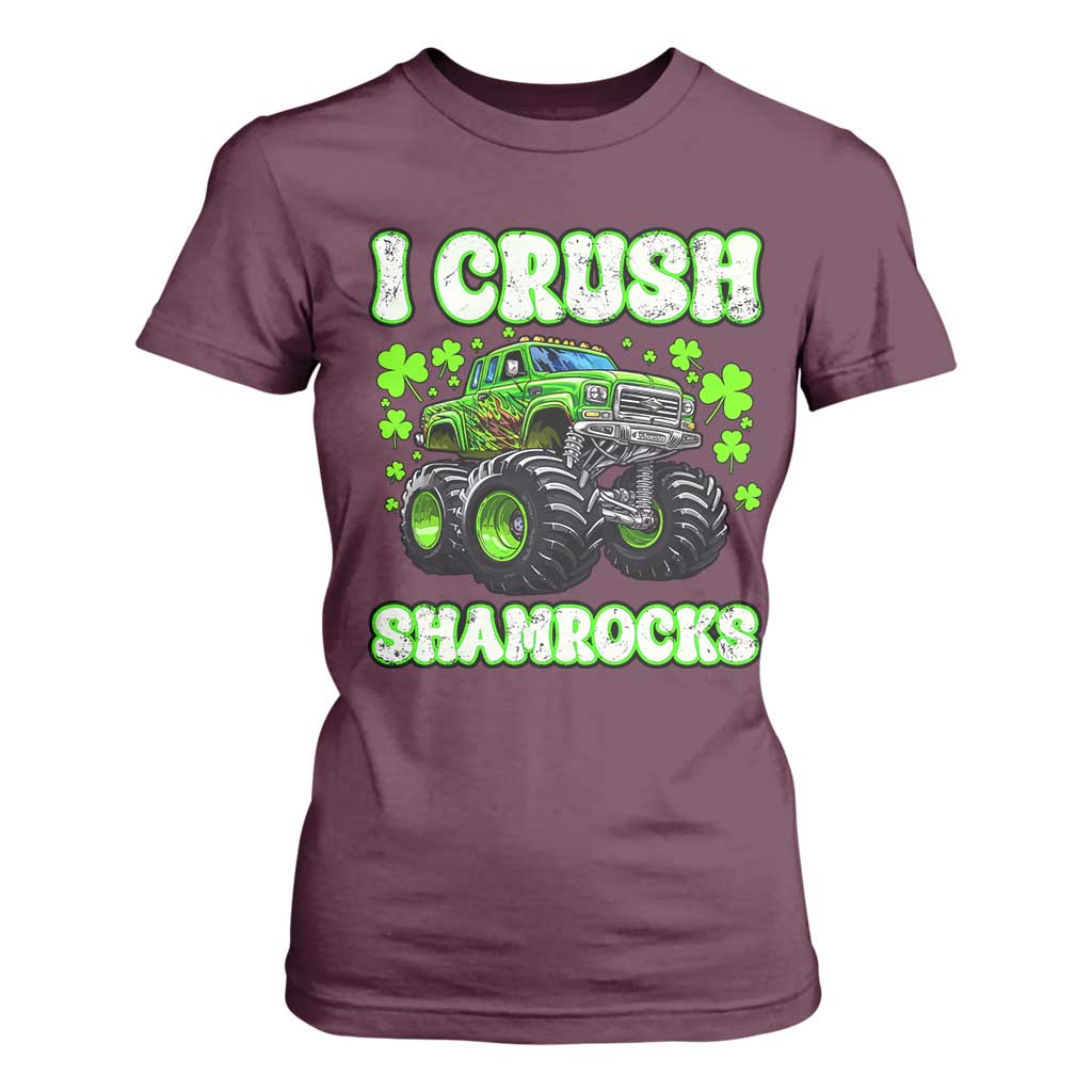 Funny St Patricks Day Monster Truck T Shirt For Women I Crush Shamrocks Retro TS02 Maroon Print Your Wear