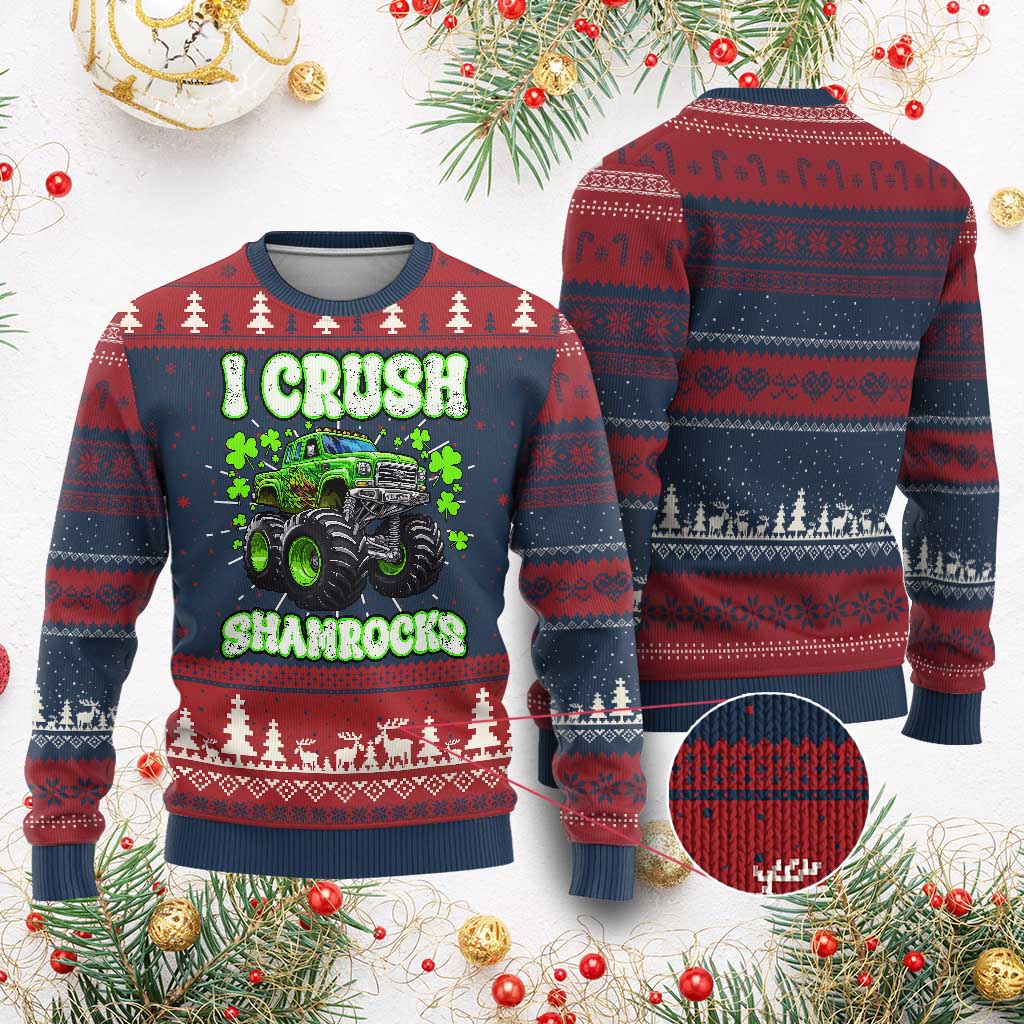Funny St Patricks Day Monster Truck Knit Sweatshirt I Crush Shamrocks Retro TS02 Burgundy Print Your Wear