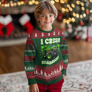 Funny St Patricks Day Monster Truck Knit Sweatshirt I Crush Shamrocks Retro TS02 Christmas Print Your Wear