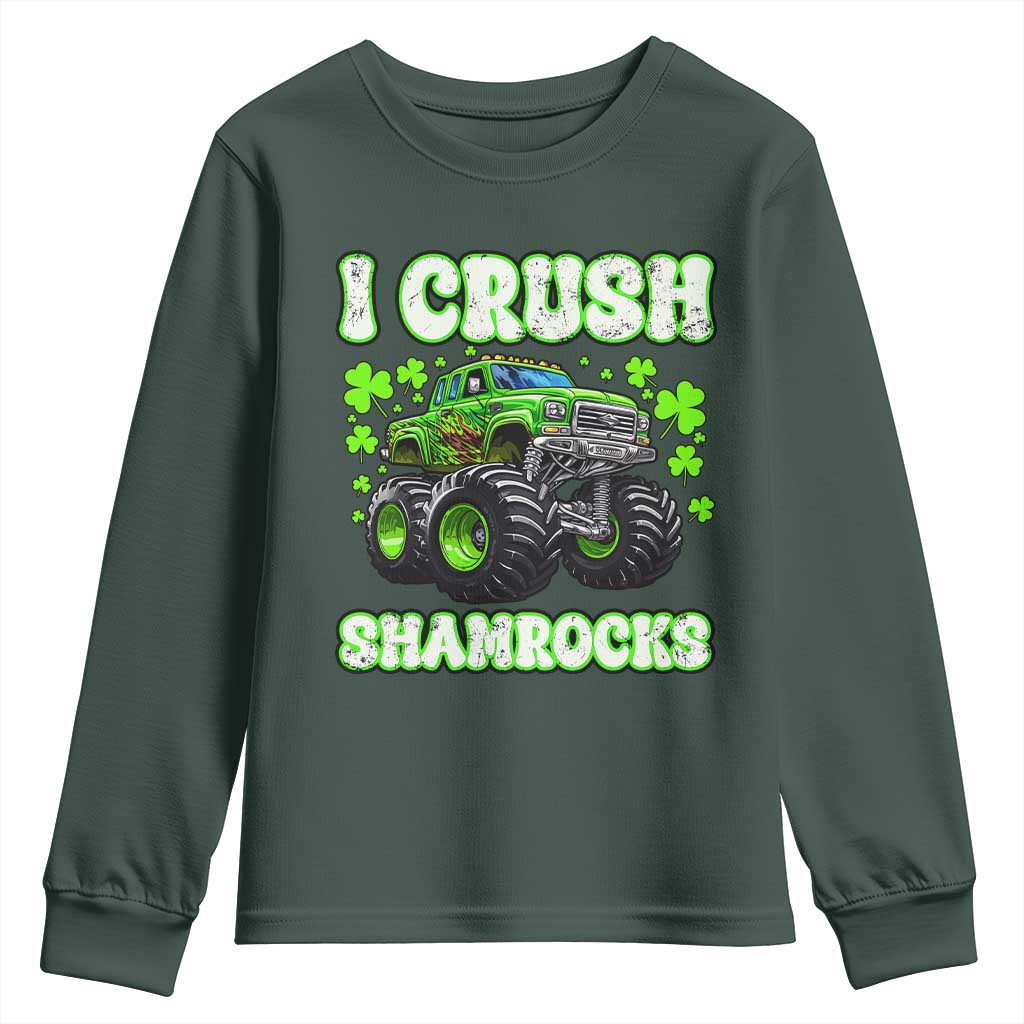 Funny St Patricks Day Monster Truck Youth Sweatshirt I Crush Shamrocks Retro TS02 Dark Forest Green Print Your Wear