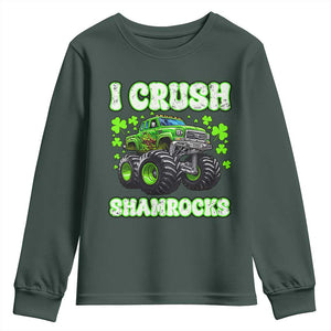 Funny St Patricks Day Monster Truck Youth Sweatshirt I Crush Shamrocks Retro TS02 Dark Forest Green Print Your Wear
