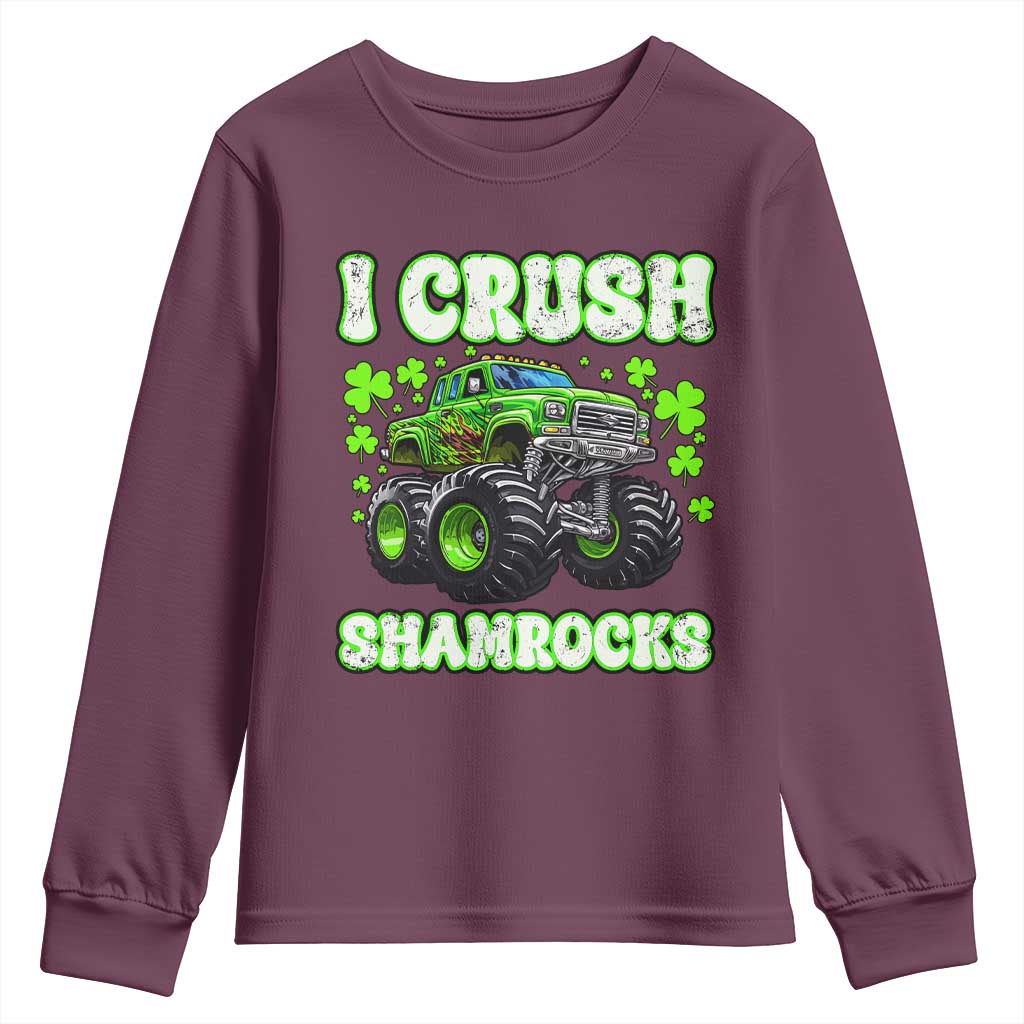 Funny St Patricks Day Monster Truck Youth Sweatshirt I Crush Shamrocks Retro TS02 Maroon Print Your Wear