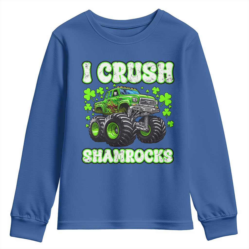 Funny St Patricks Day Monster Truck Youth Sweatshirt I Crush Shamrocks Retro TS02 Royal Blue Print Your Wear