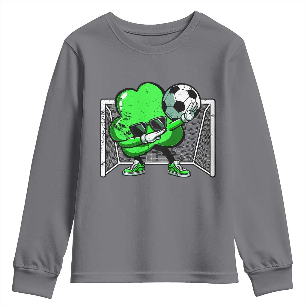 Funny Soccer Shamrock Youth Sweatshirt Dabbing Player St. Patrick's Day TS02 Charcoal Print Your Wear