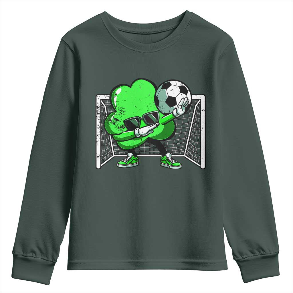Funny Soccer Shamrock Youth Sweatshirt Dabbing Player St. Patrick's Day TS02 Dark Forest Green Print Your Wear
