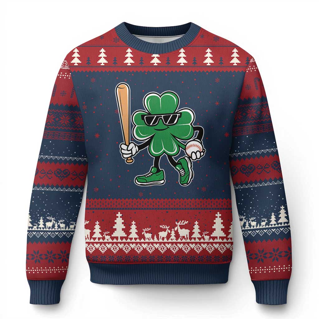 Lucky Baseball Shamrock Ugly Christmas Sweater St Patrick's Day T-Ball Sport Lover Gift TS02 Navy Red Print Your Wear