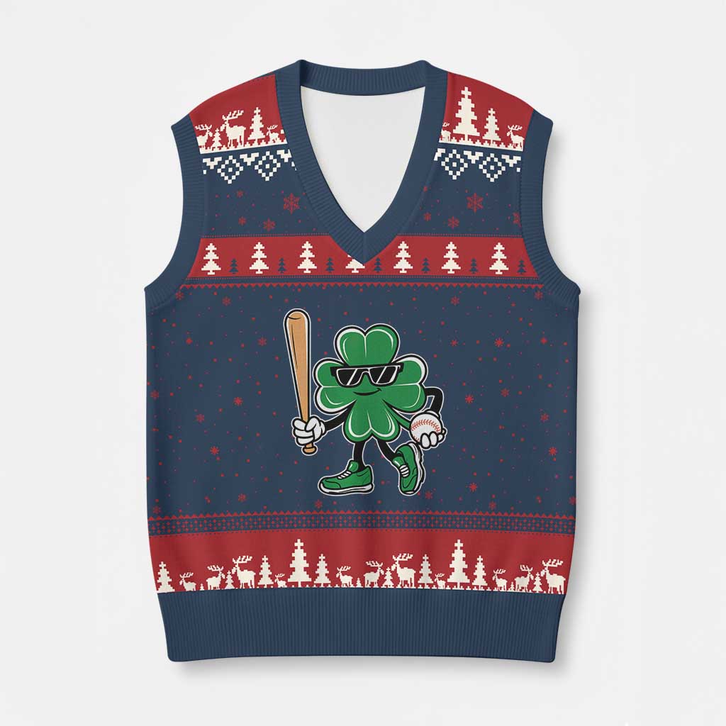 Lucky Baseball Shamrock V-Neck Knit Sweater Vest St Patrick's Day T-Ball Sport Lover Gift TS02 Navy Red Print Your Wear