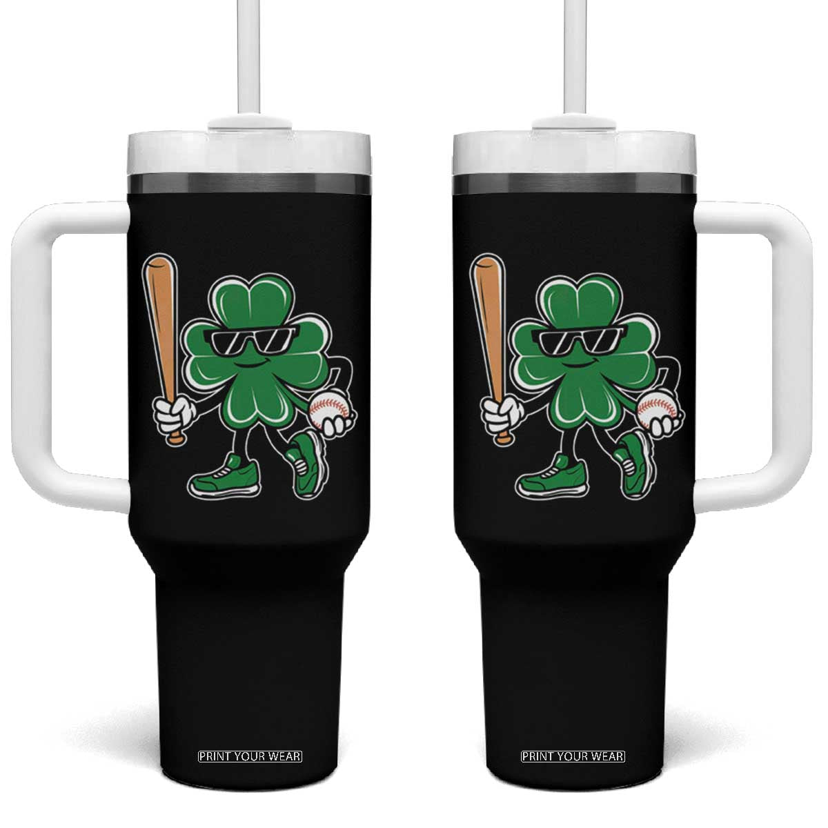 Lucky Baseball Shamrock Tumbler With Handle St Patrick's Day T-Ball Sport Lover Gift TS02 One Size: 40 oz Black Print Your Wear