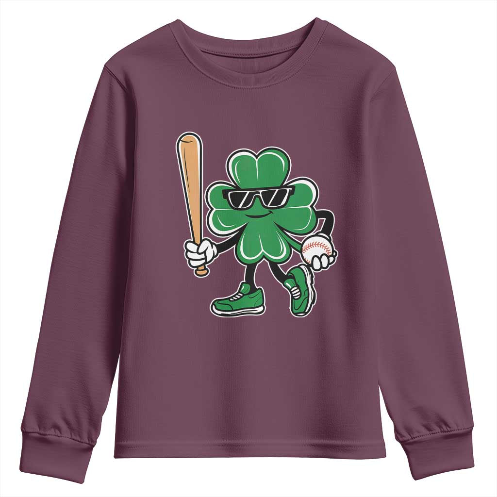 Lucky Baseball Shamrock Youth Sweatshirt St Patrick's Day T-Ball Sport Lover Gift TS02 Maroon Print Your Wear