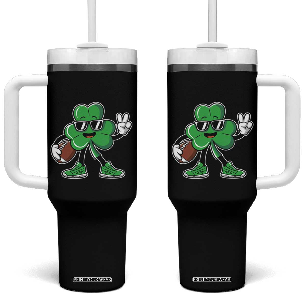 St Patrick's Day Lucky Shamrock Football Tumbler With Handle Sport Lover Gift TS02 One Size: 40 oz Black Print Your Wear