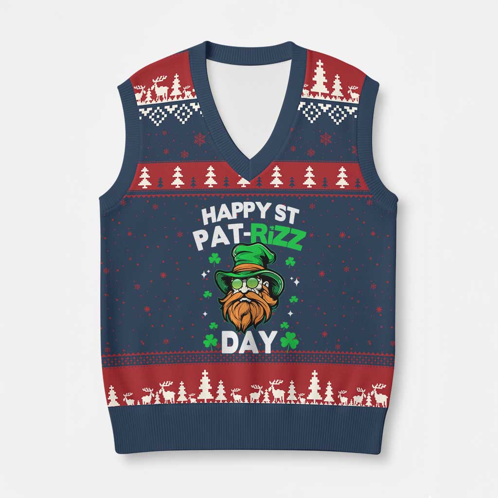 Happy St Pat Rizz Day V-Neck Knit Sweater Vest Funny St. Patrick's Day Leprechaun TS02 Navy Red Print Your Wear