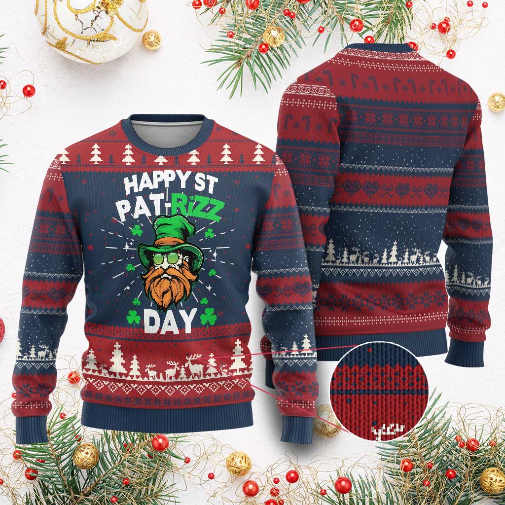 Happy St Pat Rizz Day Knit Sweatshirt Funny St. Patrick's Day Leprechaun TS02 Burgundy Print Your Wear