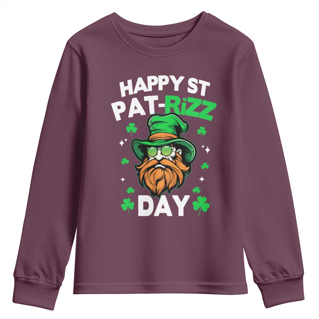 Happy St Pat Rizz Day Youth Sweatshirt Funny St. Patrick's Day Leprechaun TS02 Maroon Print Your Wear