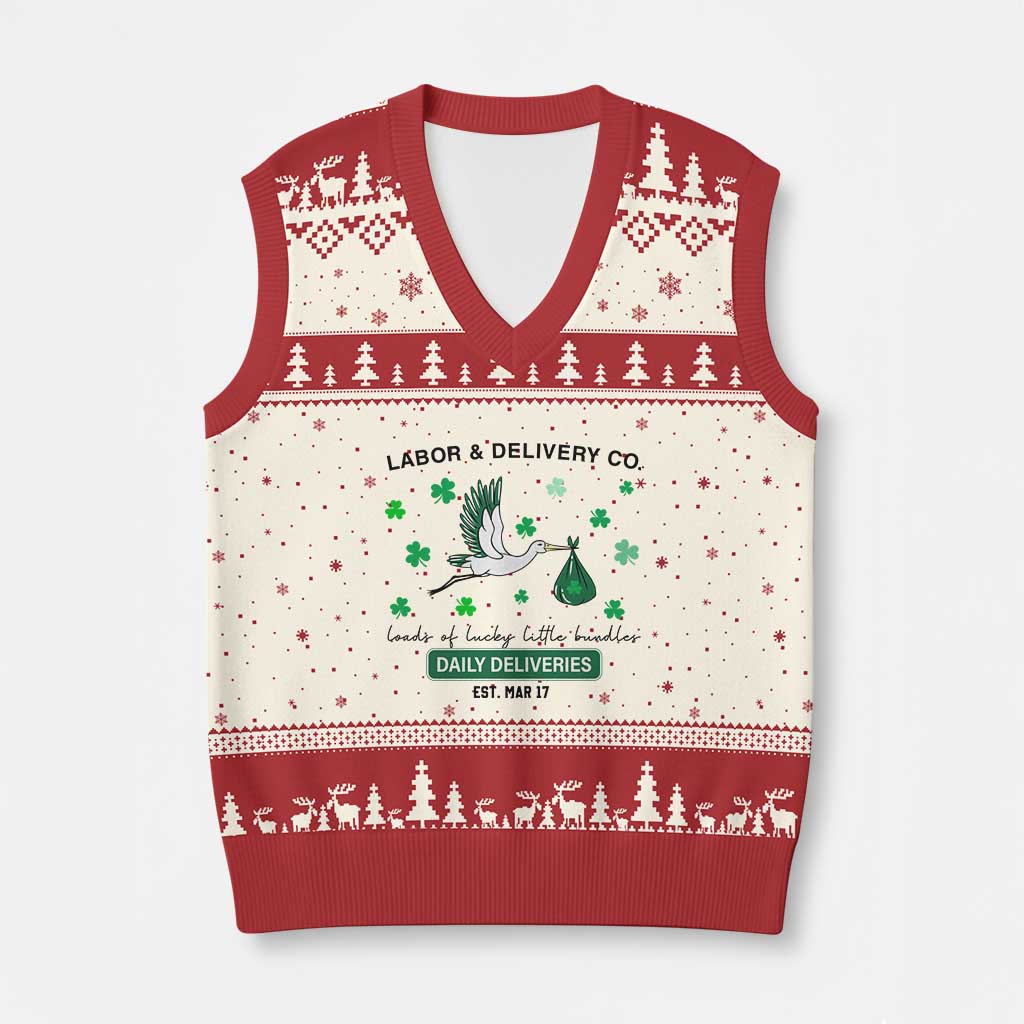 St Patrick's Day Lucky L&D Nurse V-Neck Knit Sweater Vest Labor And Delivery Shamrock TS02 Beige Red Print Your Wear