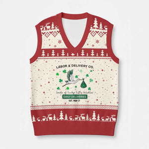 St Patrick's Day Lucky L&D Nurse V-Neck Knit Sweater Vest Labor And Delivery Shamrock TS02 Beige Red Print Your Wear
