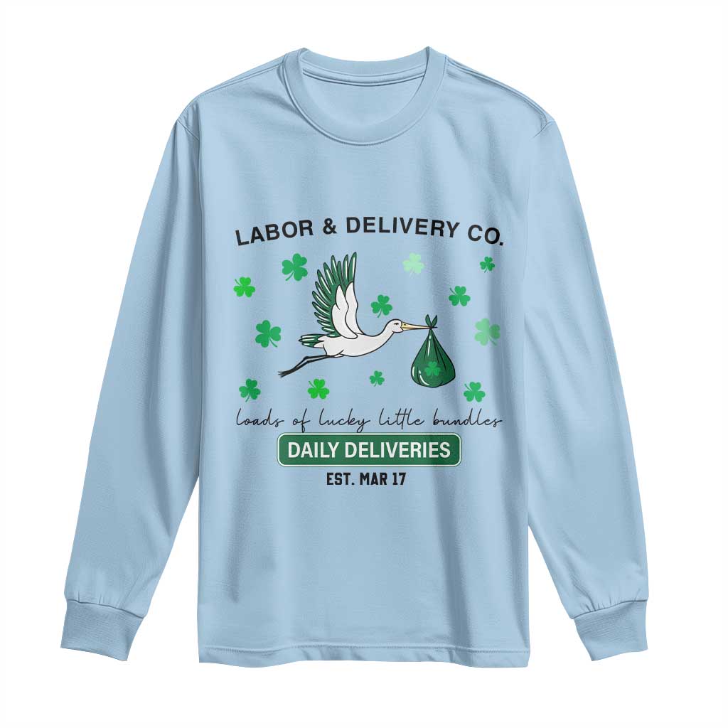 St Patrick's Day Lucky L&D Nurse Long Sleeve Shirt Labor And Delivery Shamrock TS02 Light Blue Print Your Wear