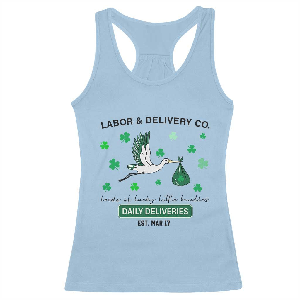 St Patrick's Day Lucky L&D Nurse Racerback Tank Top Labor And Delivery Shamrock TS02 Light Blue Print Your Wear